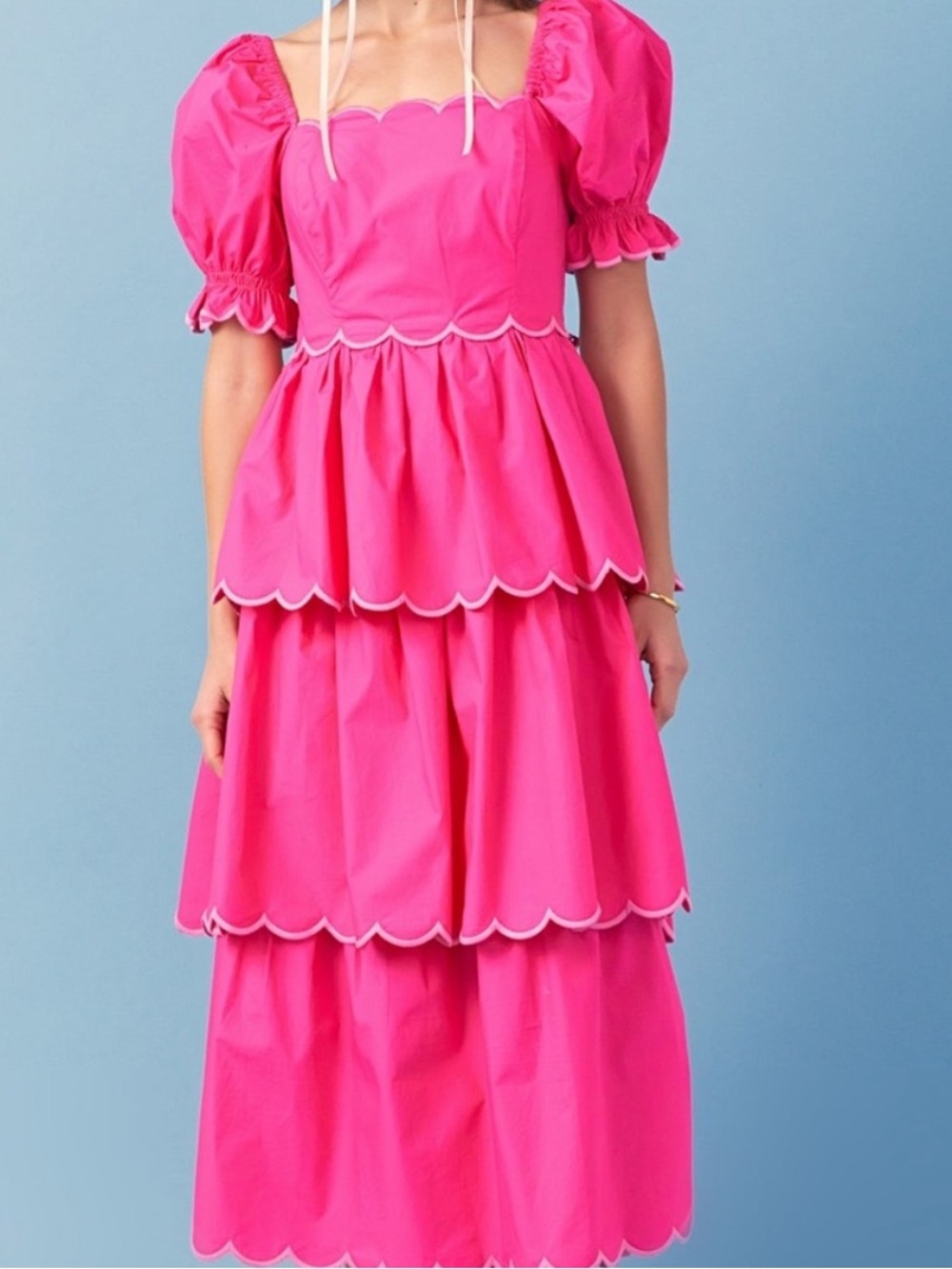 English Factory Hot Pink scalloped trim Tiered Puff-Sleeve Midi Dress